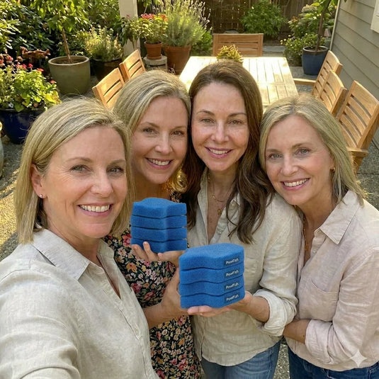 Customers holding reusable laundry hair remover sponges