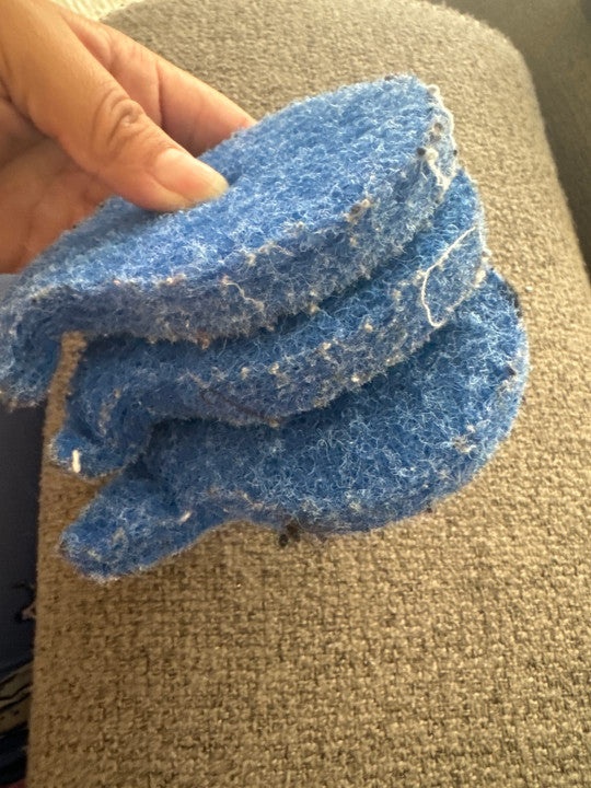 Customer review showing blue laundry pet hair remover after use